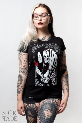 Black fitted SickFace T-shirt with young woman with red rose and death as skeleton.