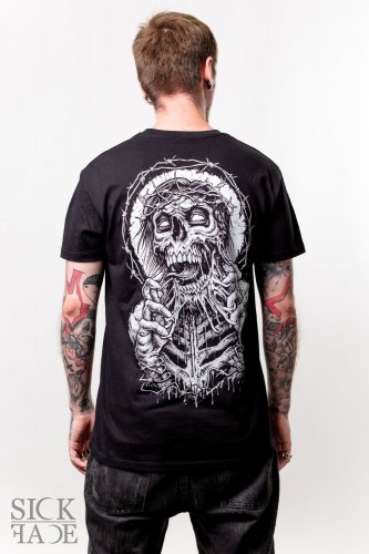 Černé pánské triko s motivem na zádech metal zombie s trnovou korunou trhající si obličej.