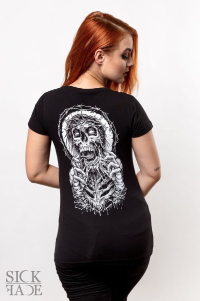 Černé dámské triko s motivem na zádech metal zombie s trnovou korunou trhající si obličej.