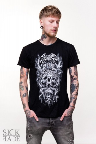 Black unisex T-shirt depicting a skull with burning eye, antlers and a crown of thorns.