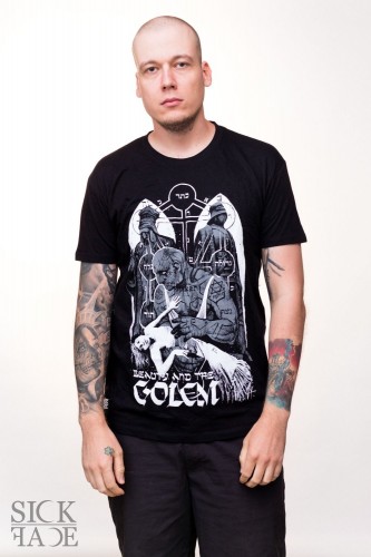 Black unisex t-shirt with unconscious lady in arms of the mythical golem.