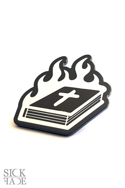 Burning bible enamel pin.