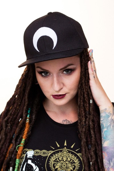 Black snapback with inverted moon embroidery.