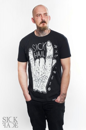 Pánské černé triko značky SickFace s motivem uříznuté ruky v metalovém pozdravu.