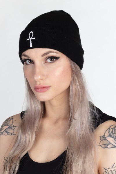 Black SickFace beanie with an Egyptian Ankh cross embroidery in front.