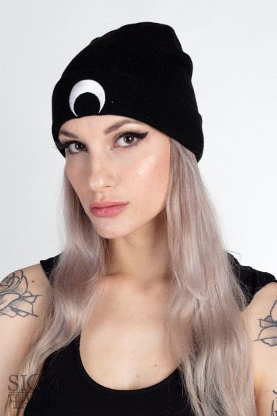 Black SickFace beanie with a moon embroidery in front.