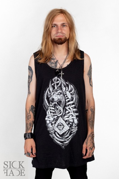 Black unisex top with the Egyptian god Anubis.