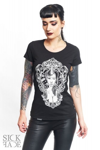 Model in a black ladies SickFace T-shirt with framed unicorn maid design.