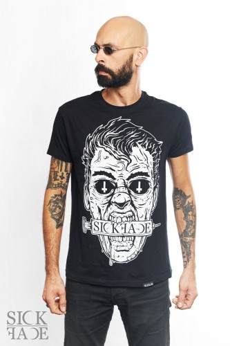 Model in a black unisex SickFace T-shirt with an occult Zombie design.