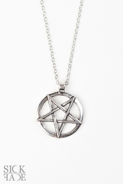 Silver inverted pentagram pendant with a chain.