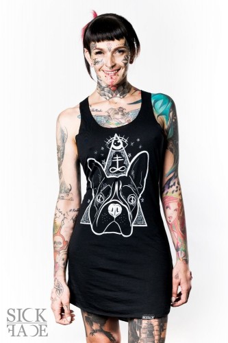 Sleeveless black summer dress with a French bulldog and occult symbol leviathan cross.