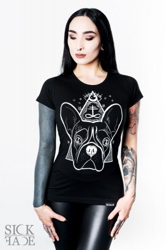 Black ladies SickFace T-shirt with a French bulldog and occult symbol leviathan cross.