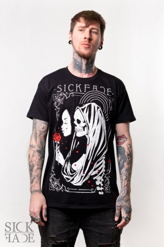 Black unisex SickFace T-shirt with a young woman with red rose and death as skeleton.